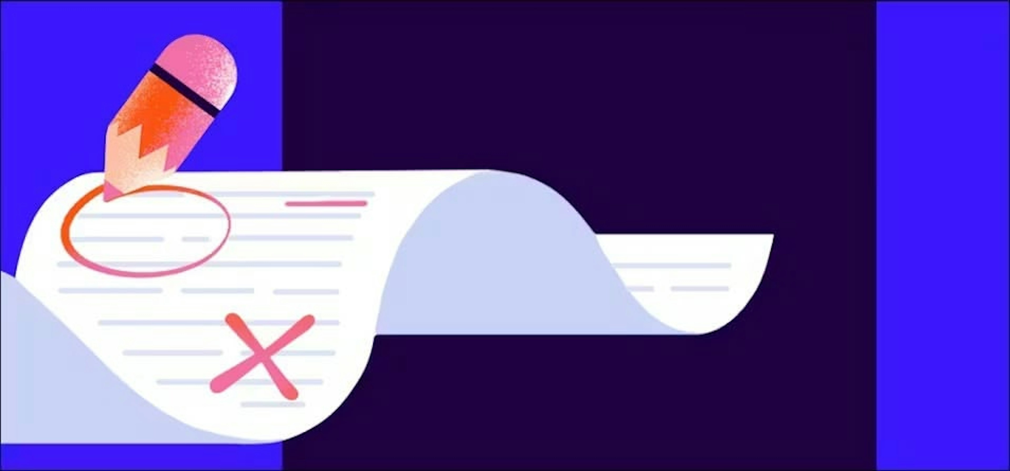 An illustration of a piece of paper marked up with a pencil showing crossed out content and circled important items, representing the editing process.