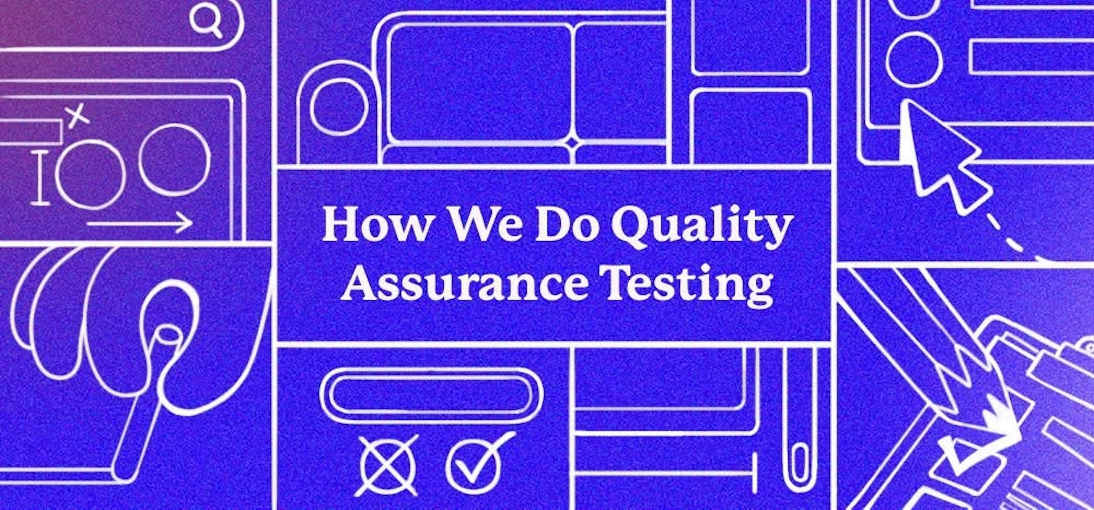 An illustrated inspector with a clipboard examining web pages, representing the thorough QA testing process.