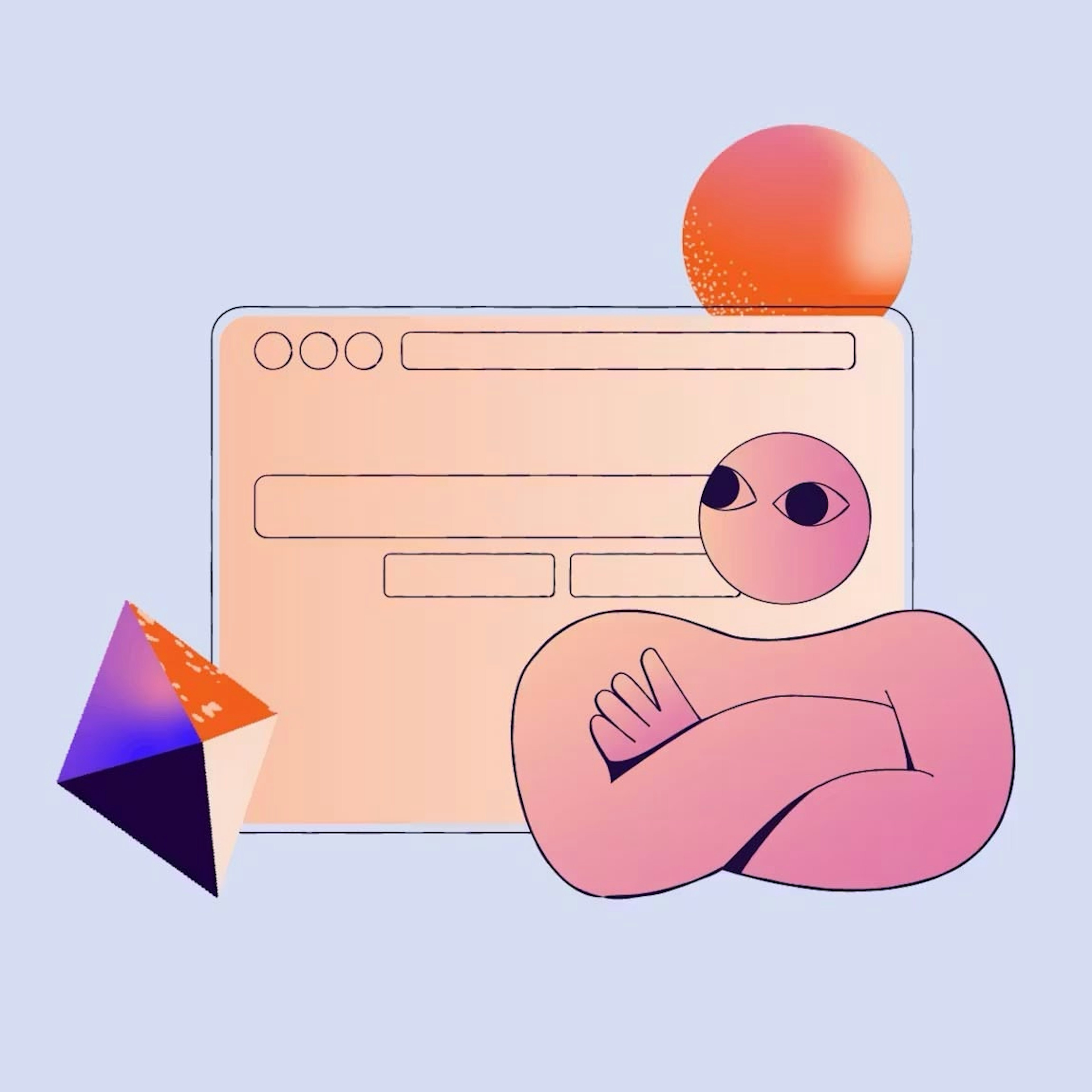 Illustration of a web browser and user representing how people interact with search results.