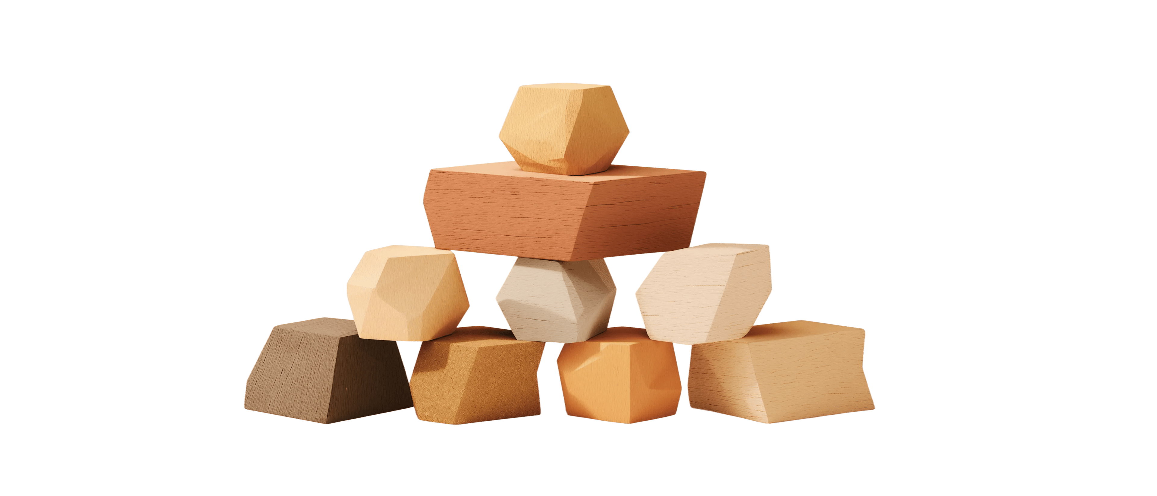 Abstract blocks and shapes representing balanced organizations, with a red sphere suspended above a structured base.