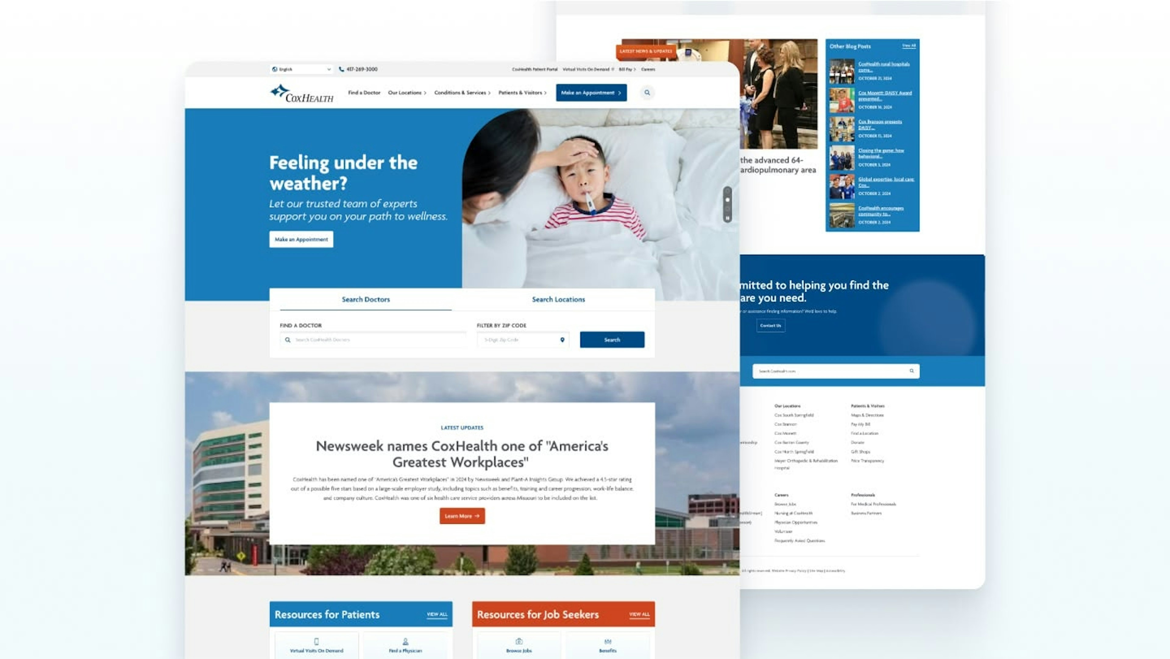 CoxHealth website homepage featuring Feeling under the weather patient care hero with appointment booking, doctor search by name and ZIP code, Newsweek Americas Greatest Workplaces recognition, patient resources including virtual visits and physician finder, and job seeker resources with browse jobs and benefits links.