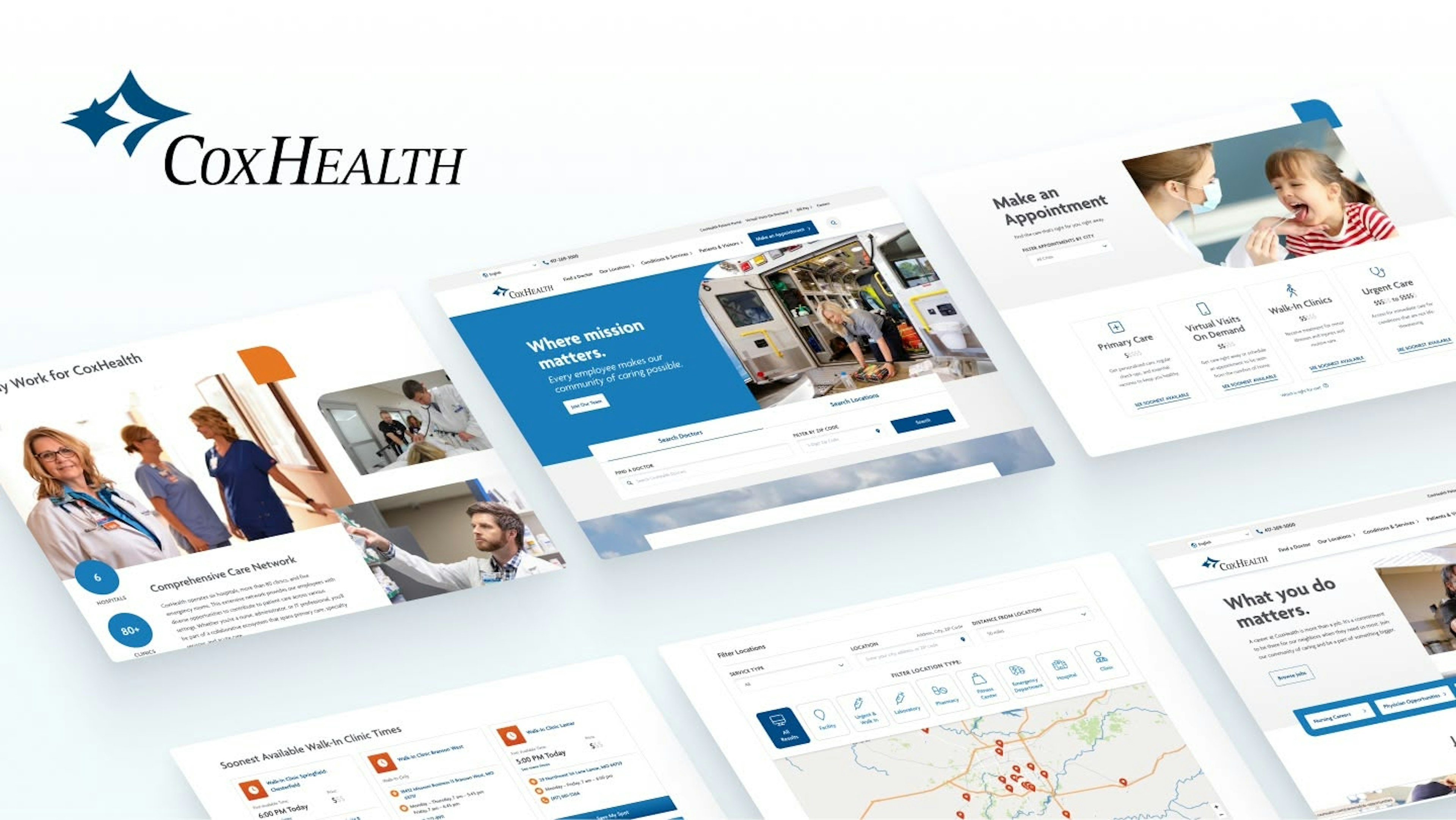 Screens from the CoxHealth website redesign showing responsive layouts on multiple devices.