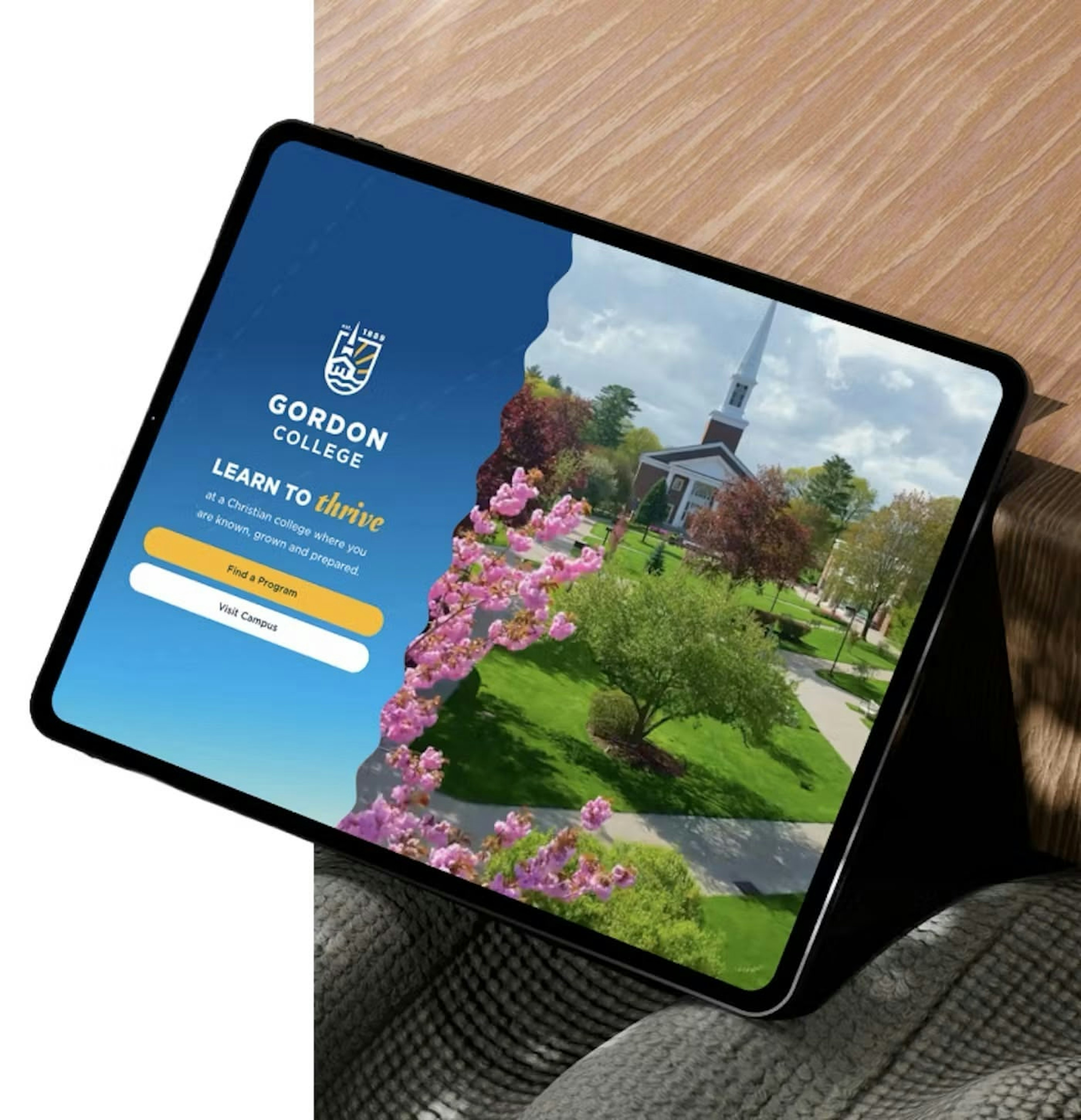 Tablet mockup showing the Gordon College homepage with campus photography and clear navigation.