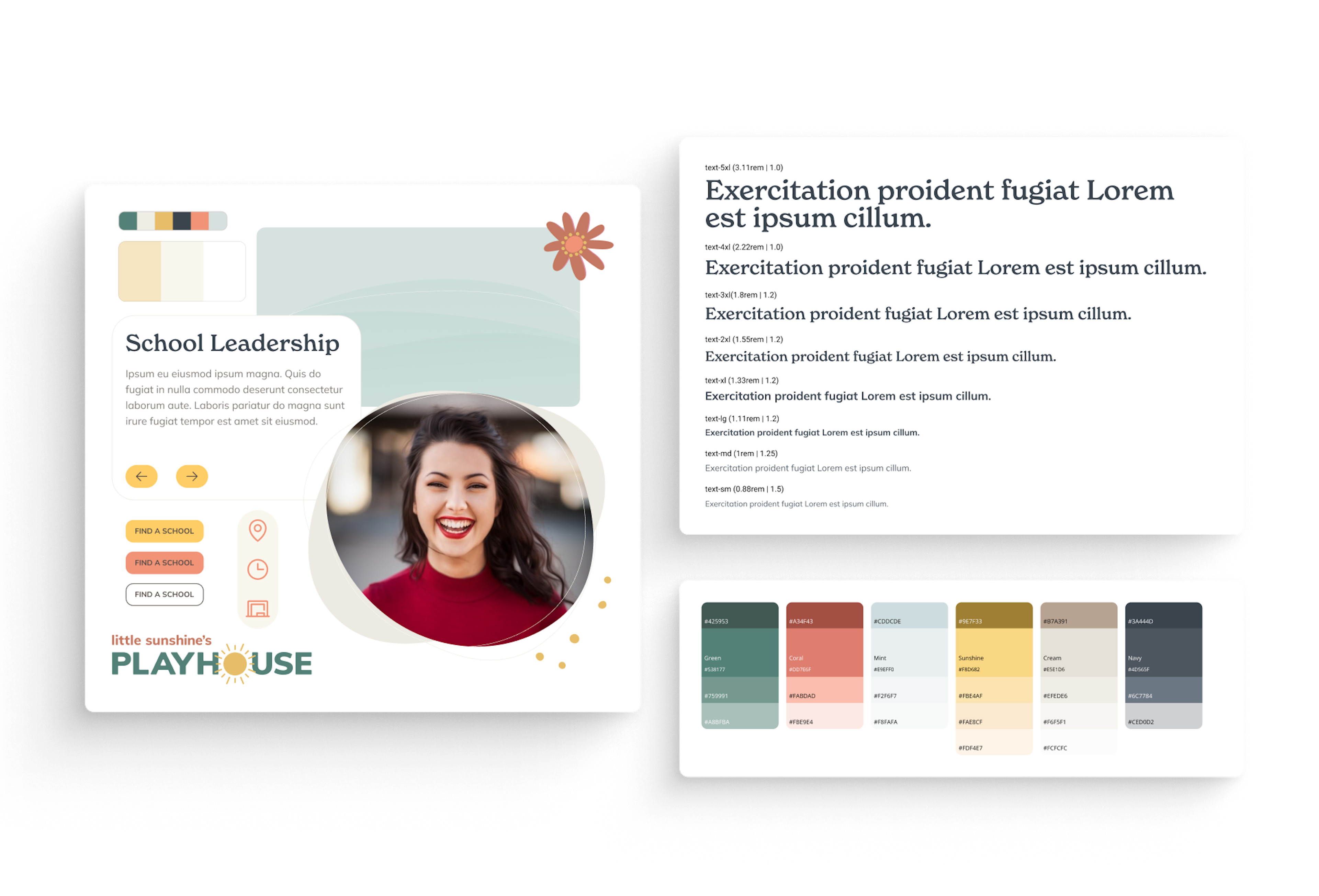 Little Sunshine's digital brand system showing color palette swatches, typography samples, and leadership profile layout.