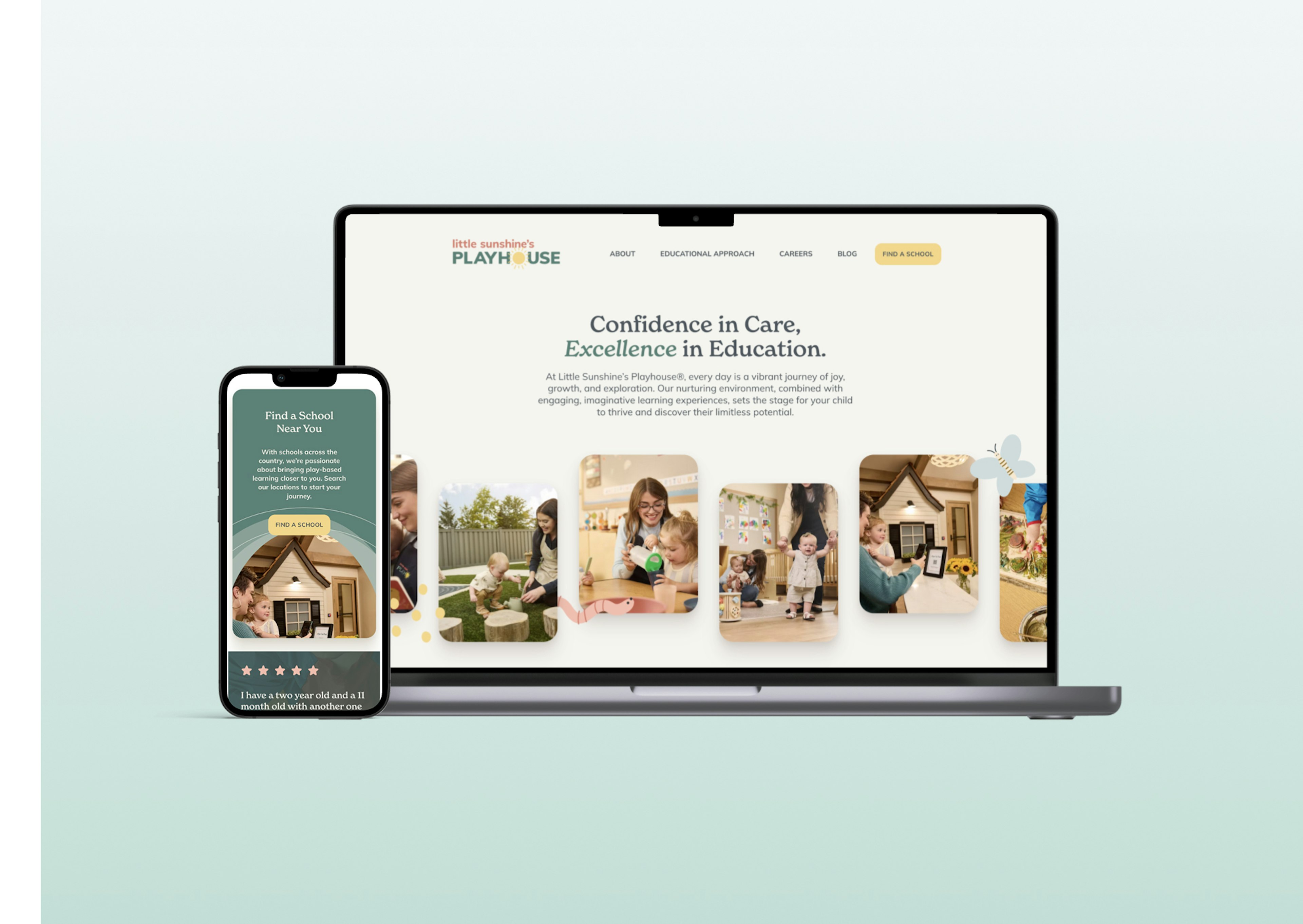 Little Sunshine's Playhouse homepage on a laptop and mobile phone, featuring joyful classroom photography and a Find a School call-to-action.