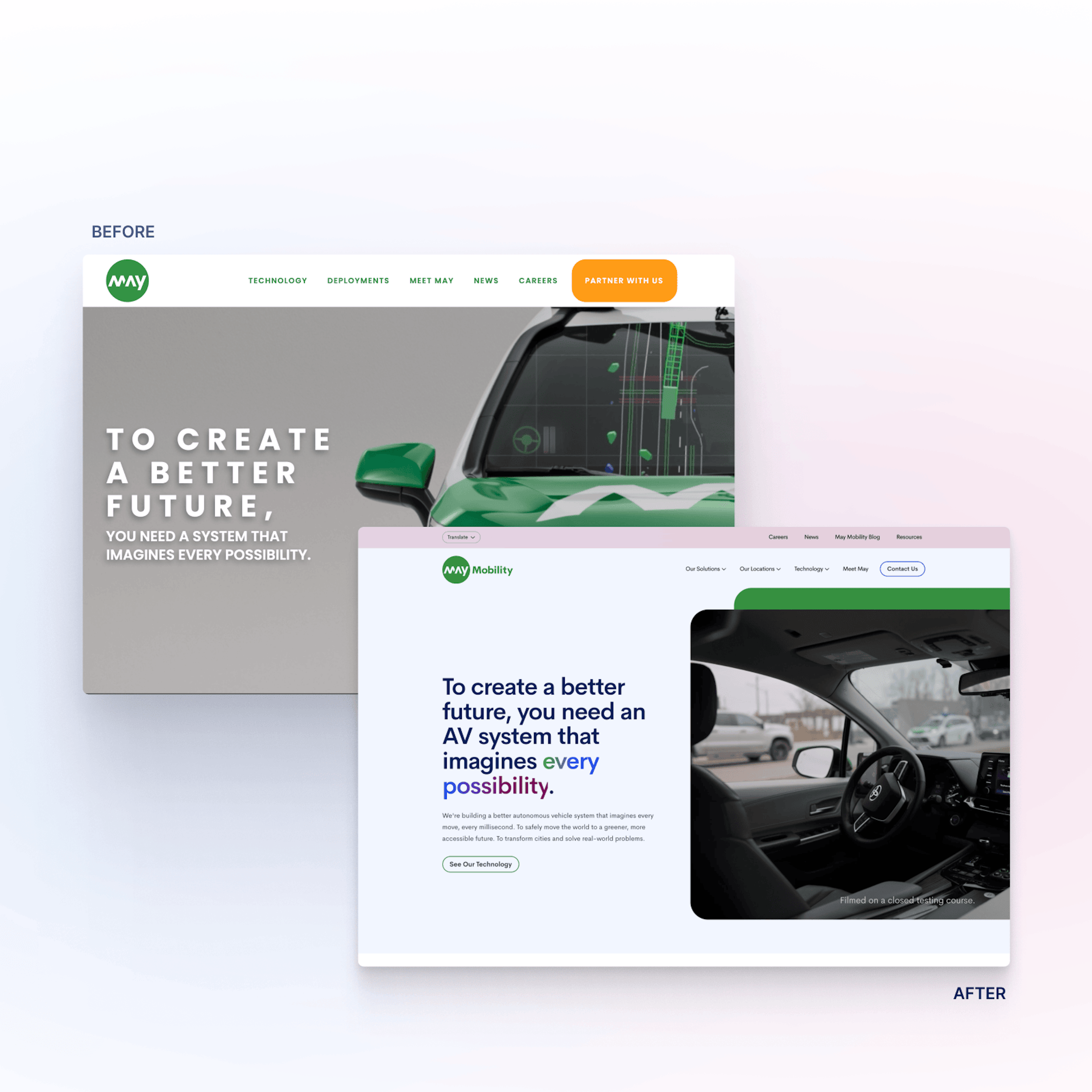 May Mobility brand evolution showing the maturation of their visual identity, featuring website layouts and design elements that communicate their growth from startup to industry leader in autonomous vehicle technology.