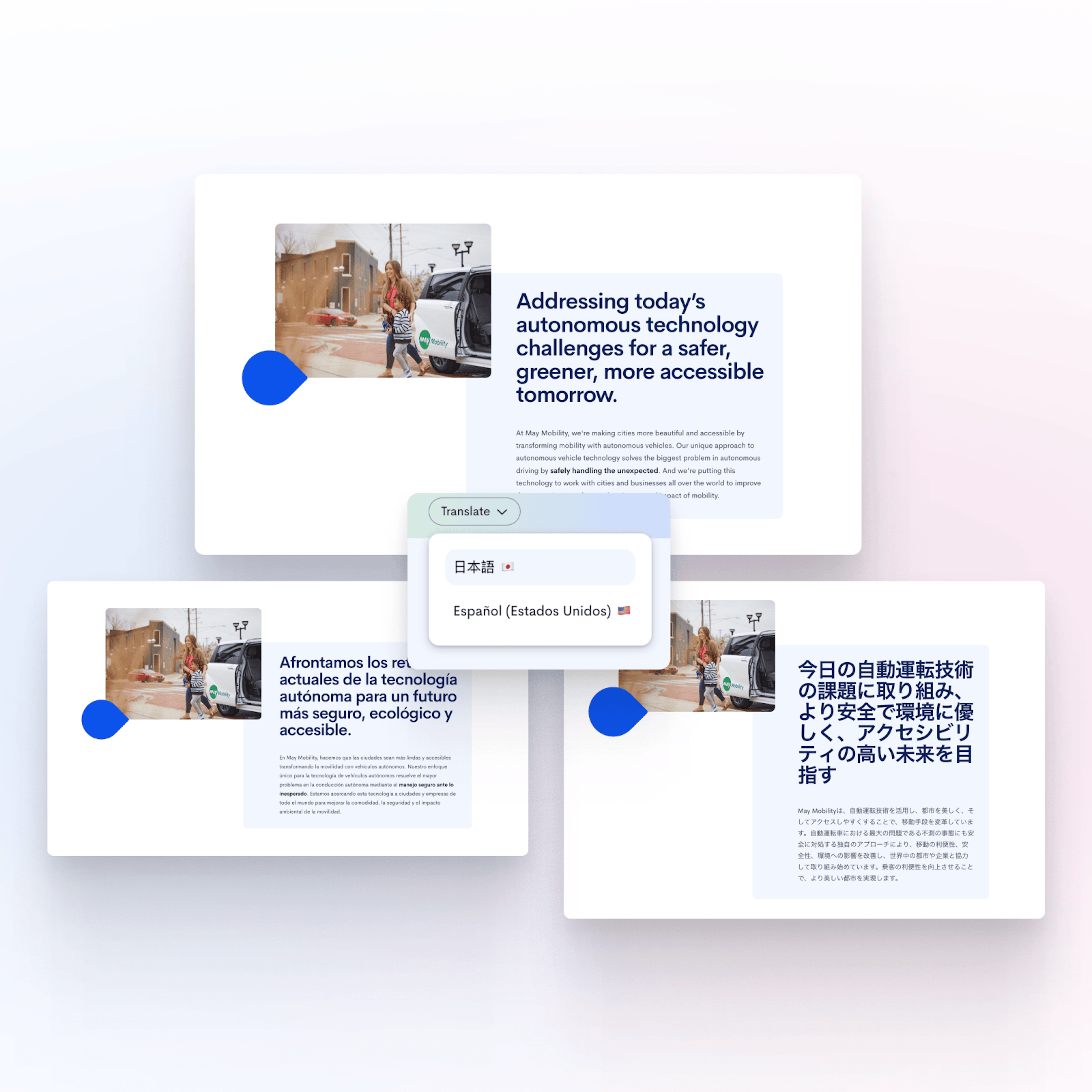 May Mobility website displayed in multiple languages including English, Spanish, and Japanese, demonstrating the multilingual capabilities enabled by DeepL translation integration for their international audience.