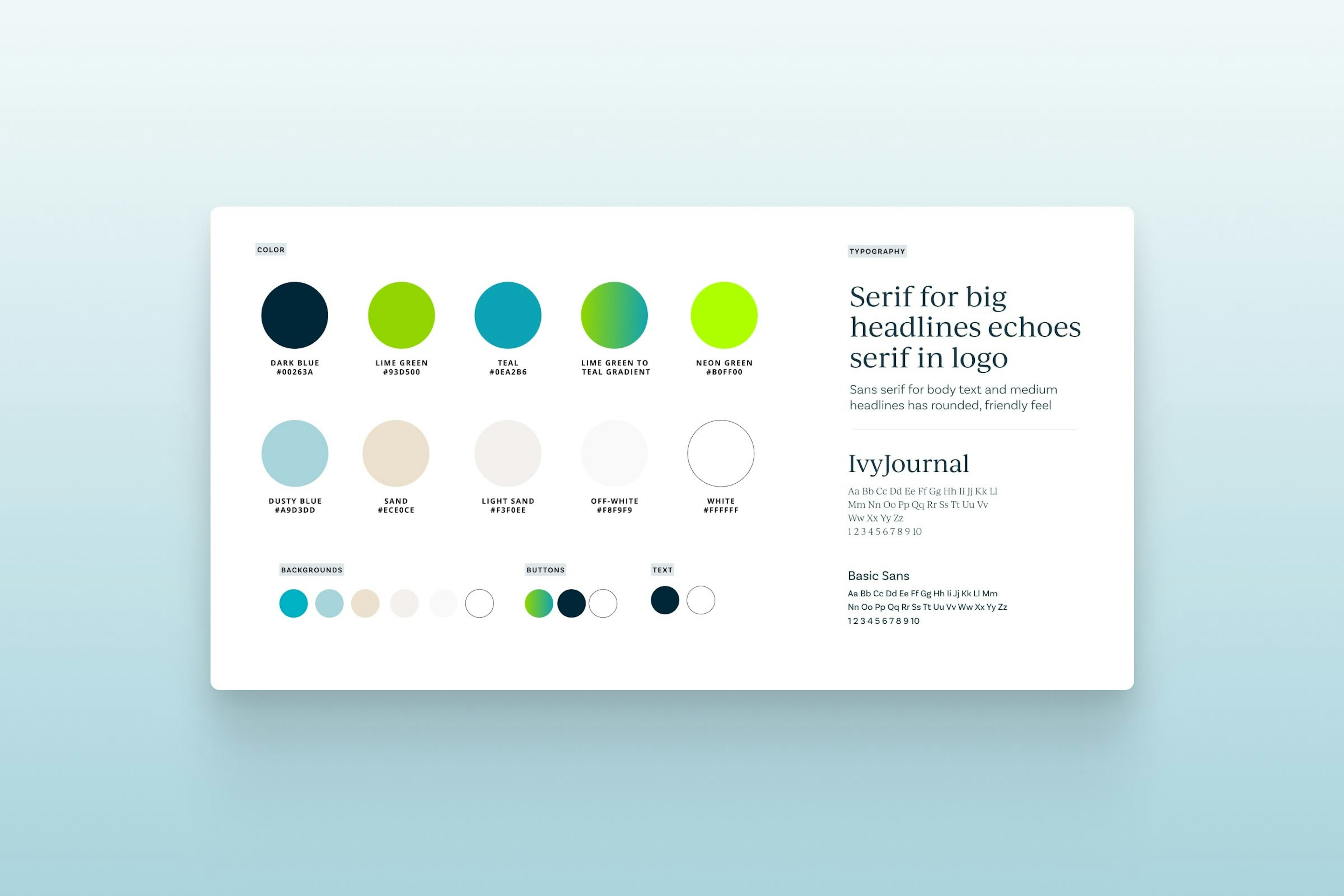 OMB Bank digital brand guidelines showing comprehensive color palette and typography specifications. Colors include Dark Blue #00263A, Lime Green #93D500, Teal #0EA2B6, gradient from Lime Green to Teal, Neon Green #B0FF00, Dusty Blue #A9D3DD, Sand #ECE0CE, Light Sand #F3F0EE, Off-White #F8F9F9, and White #FFFFFF. Background, button, and text usage guidelines are shown. Typography features IvyJournal serif for big headlines echoing the logo serif, and Basic Sans for body text and medium headlines with a rounded friendly feel.