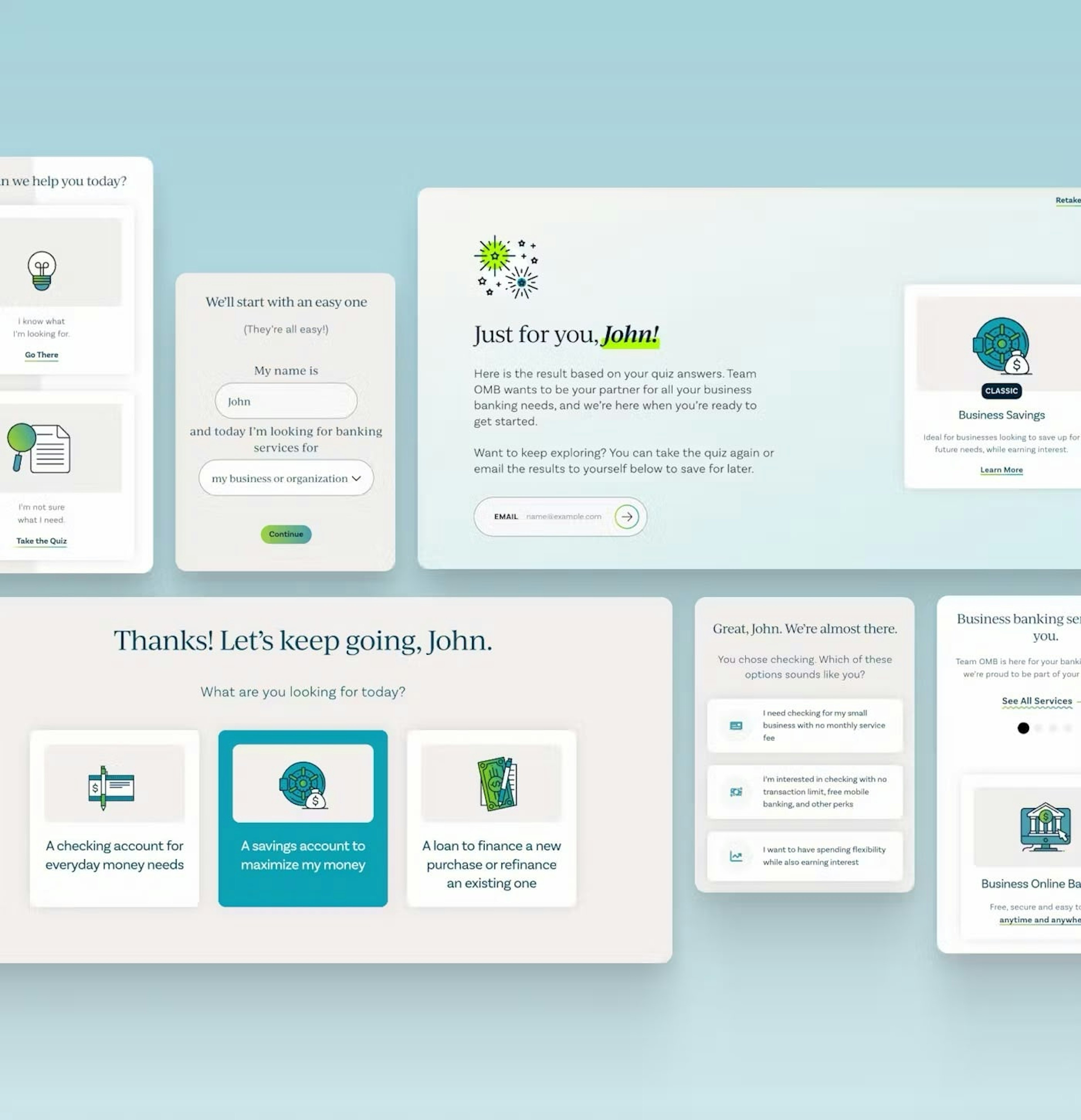 OMB Bank personalization quiz examples displayed across multiple devices.