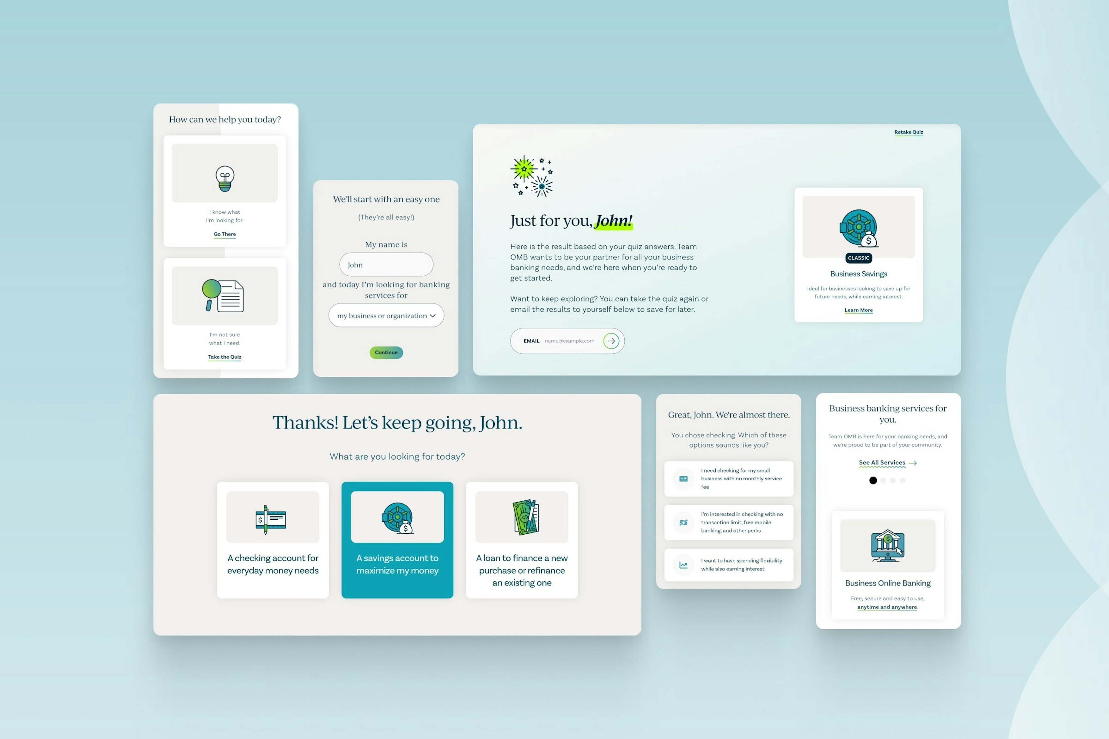 OMB Bank personalization quiz flow showing multi-step user experience. Starting with How can we help you today options for users who know what they want or need guidance, followed by a friendly quiz interface asking name and banking service needs. The flow continues with product selection cards for checking, savings, and loans, ultimately delivering personalized results with recommended products like Business Savings accounts and options to email results.