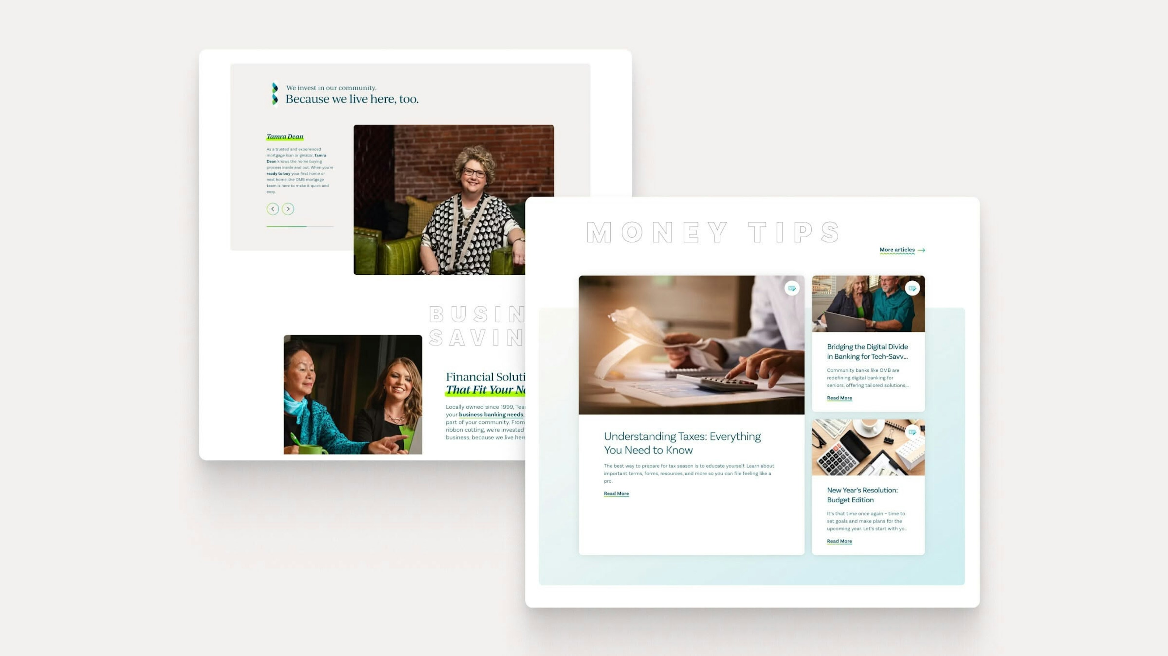Collection of OMB Bank website module designs on a light gray background. Includes a community investment section featuring team member Tamra Dean with her photo, the tagline Because we live here too, and a carousel for team profiles. Also shows business savings modules with Financial Solutions That Fit Your Needs messaging, and the Money Tips blog section with financial literacy articles on topics like Understanding Taxes, Bridging the Digital Divide in Banking, and New Year's Resolution Budget Edition.