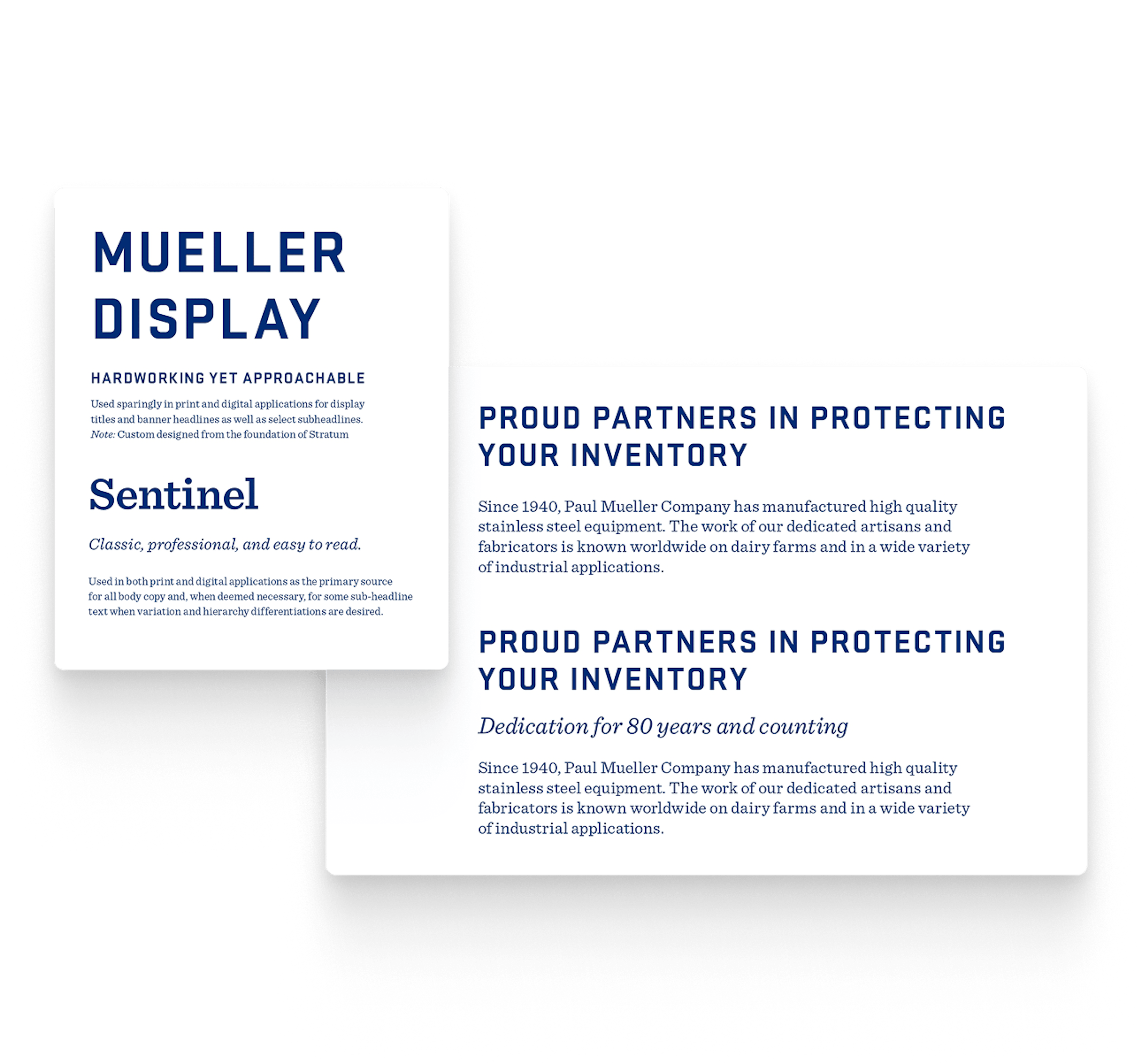 Paul Mueller brand typography guidelines showing Mueller Display font for confident, brand-forward headlines and Sentinel font for approachable readability in body copy.
