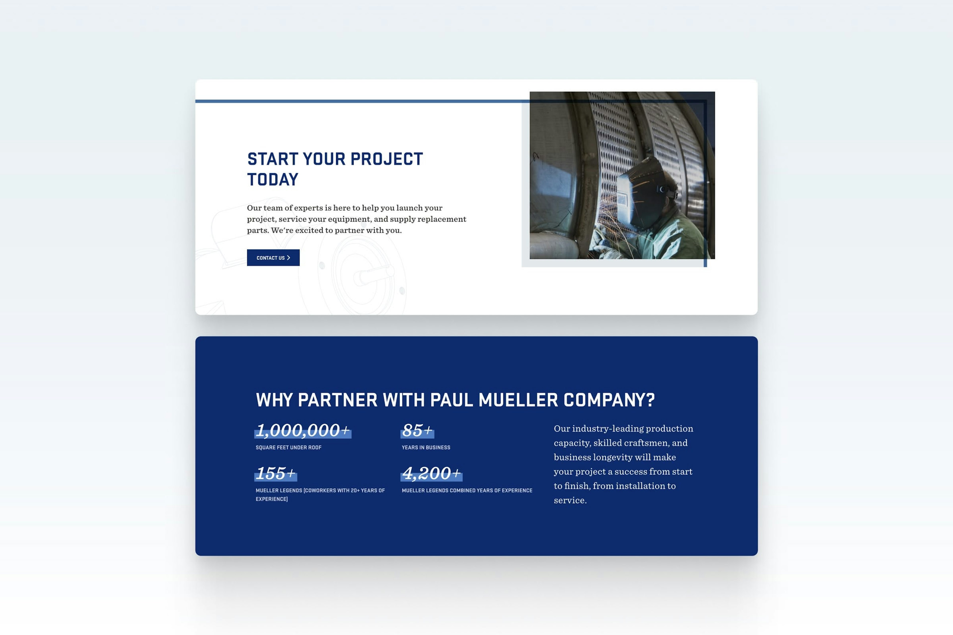 Paul Mueller website UI design showcasing clean stats section with "Why Partner With Paul Mueller Company?" featuring impressive numbers like 1,000,000+ square feet and 85+ years in business, alongside a "Start Your Project Today" call-to-action.