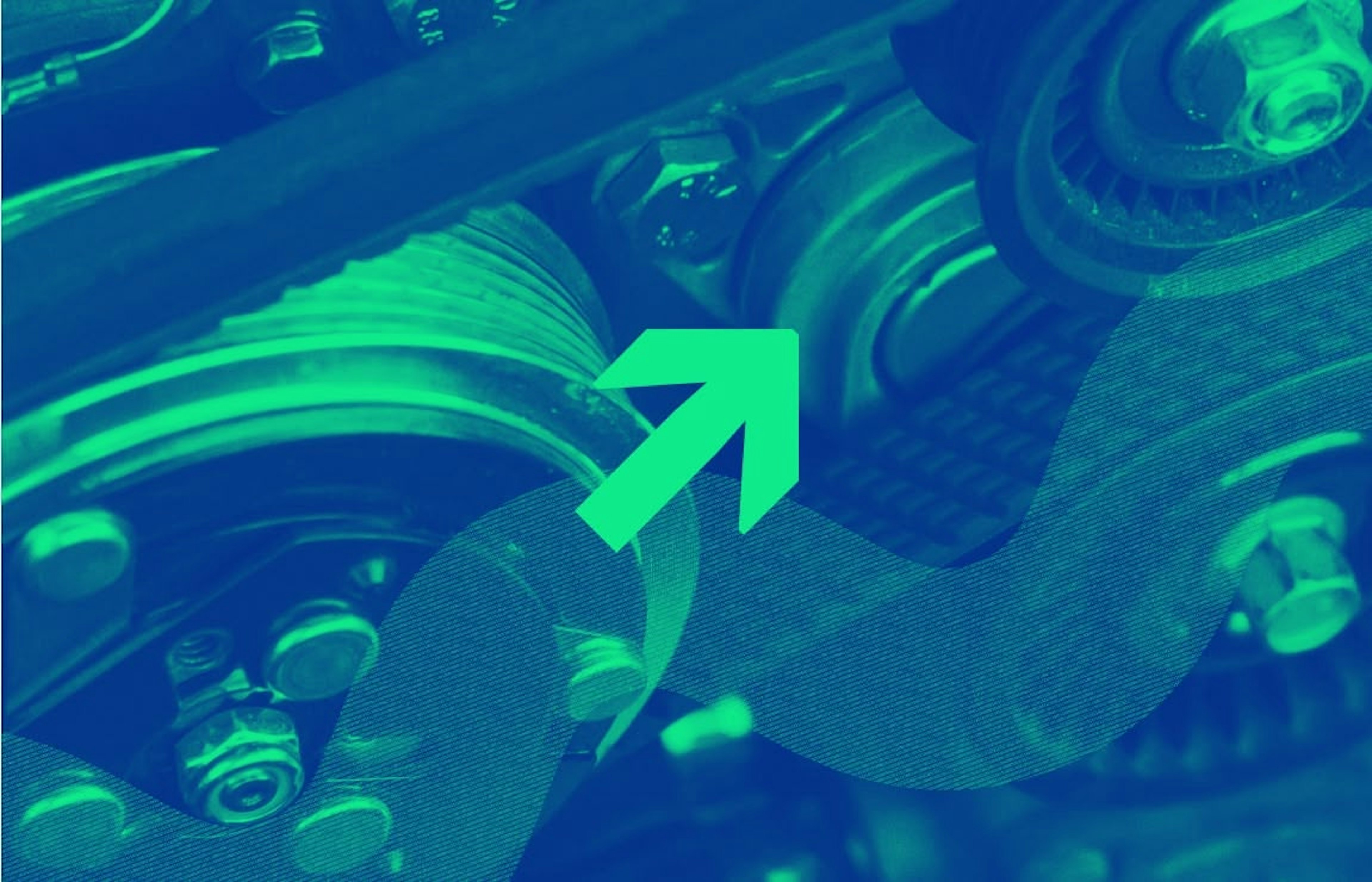 Project Shift brand identity featuring bold arrow logo on automotive engine backdrop with blue-green duotone treatment.