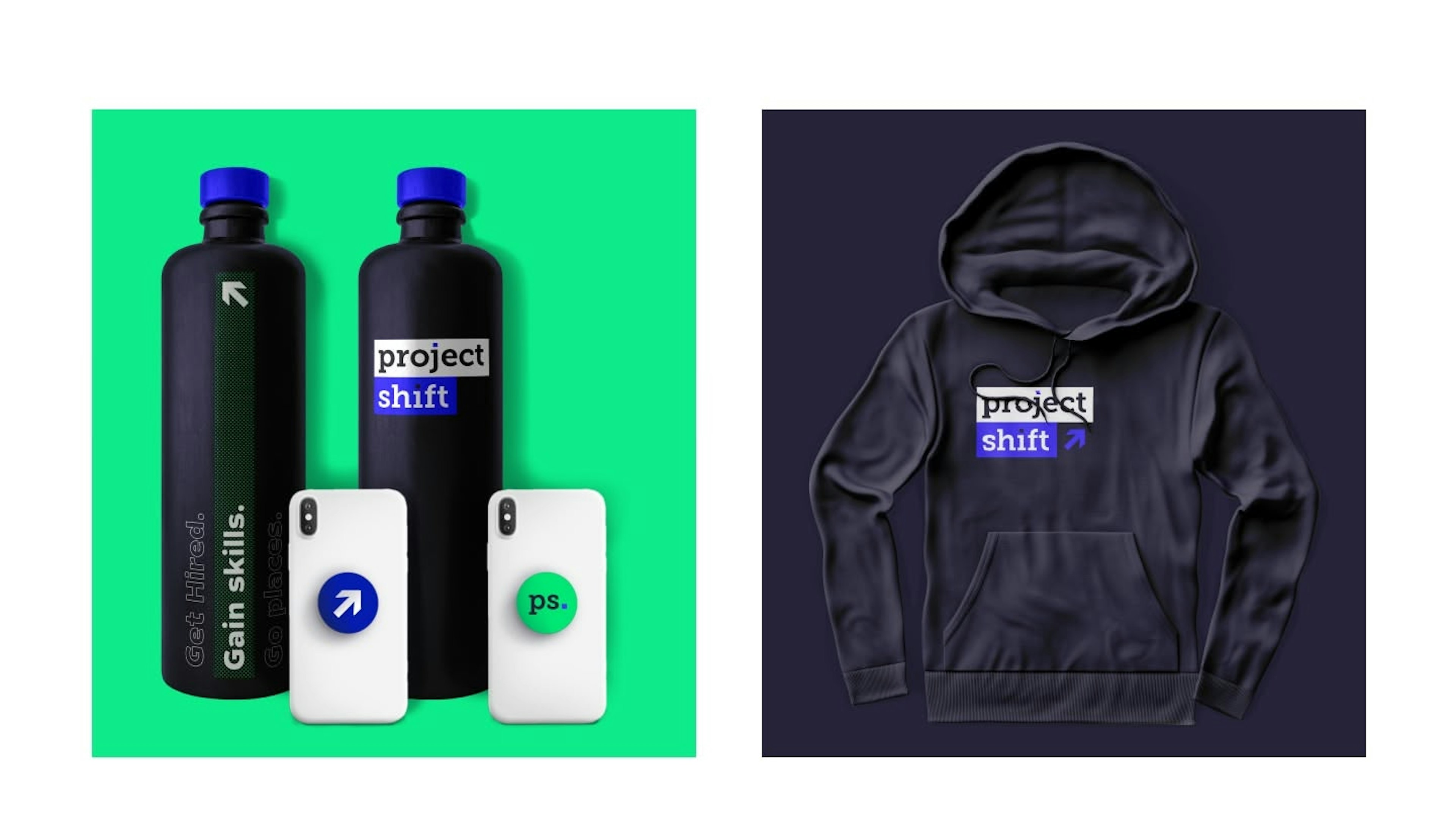 Project Shift branded merchandise mockups. Left side on green background shows two black water bottles with "Get Hired. Gain skills. Go places." messaging and logo variations, plus white iPhone cases with the arrow icon and "ps." mark. Right side on dark navy shows a black hoodie featuring the Project Shift logo with white and blue color treatment.