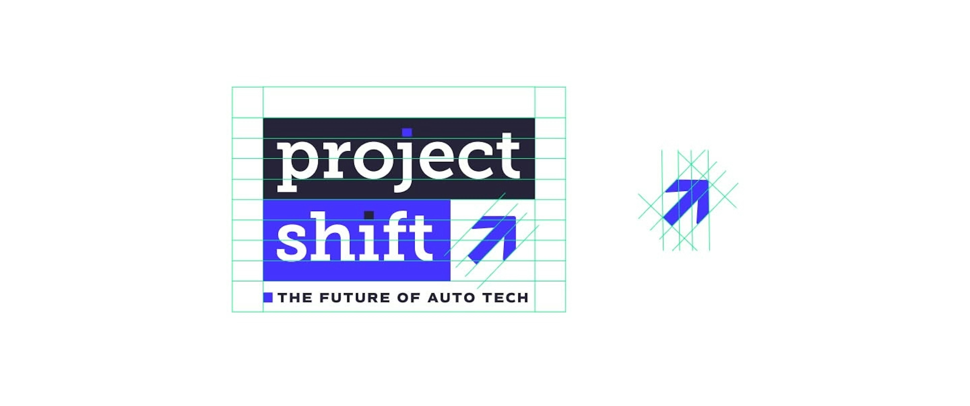 Project Shift logo construction and brand identity system showing the grid-based logo design with "project" in white on dark navy and "shift" in white on blue with the arrow icon. Also displays various logo treatments including the ps abbreviation and standalone arrow mark. Tagline reads "The Future of Auto Tech".