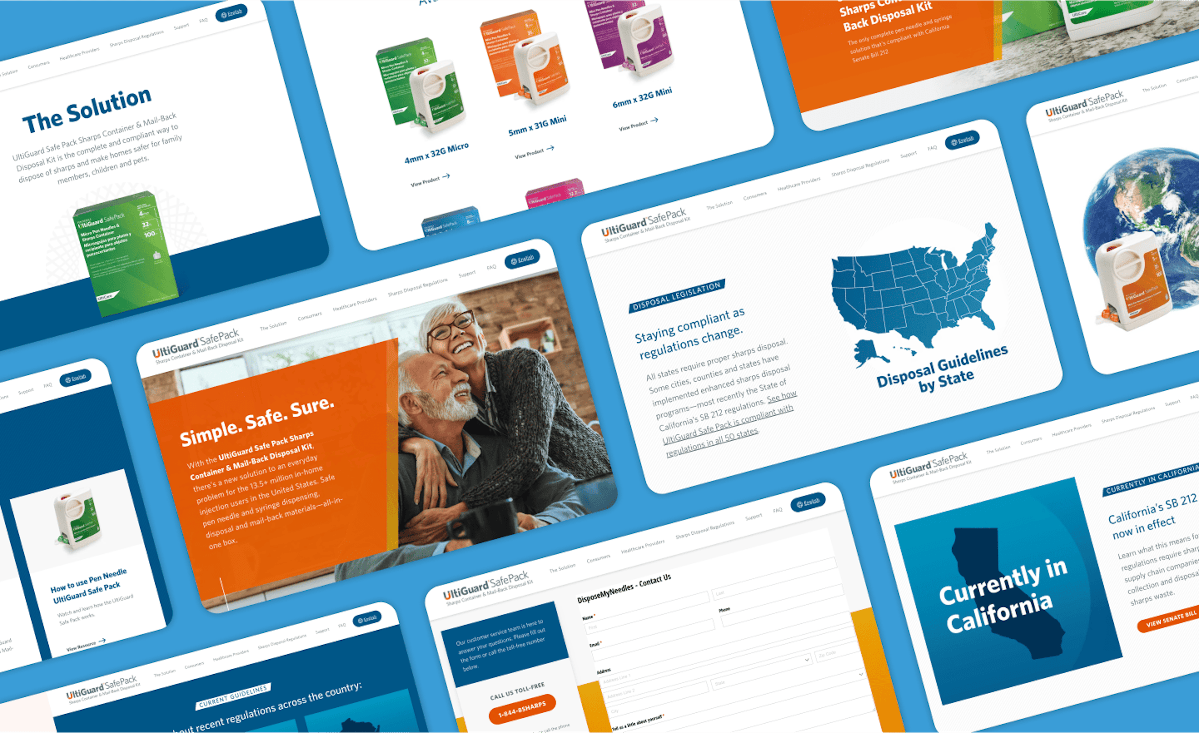 Collage of UltiGuard Safe Pack website pages showing The Solution overview, product catalog, disposal guidelines by state, California compliance information, and contact page layouts.