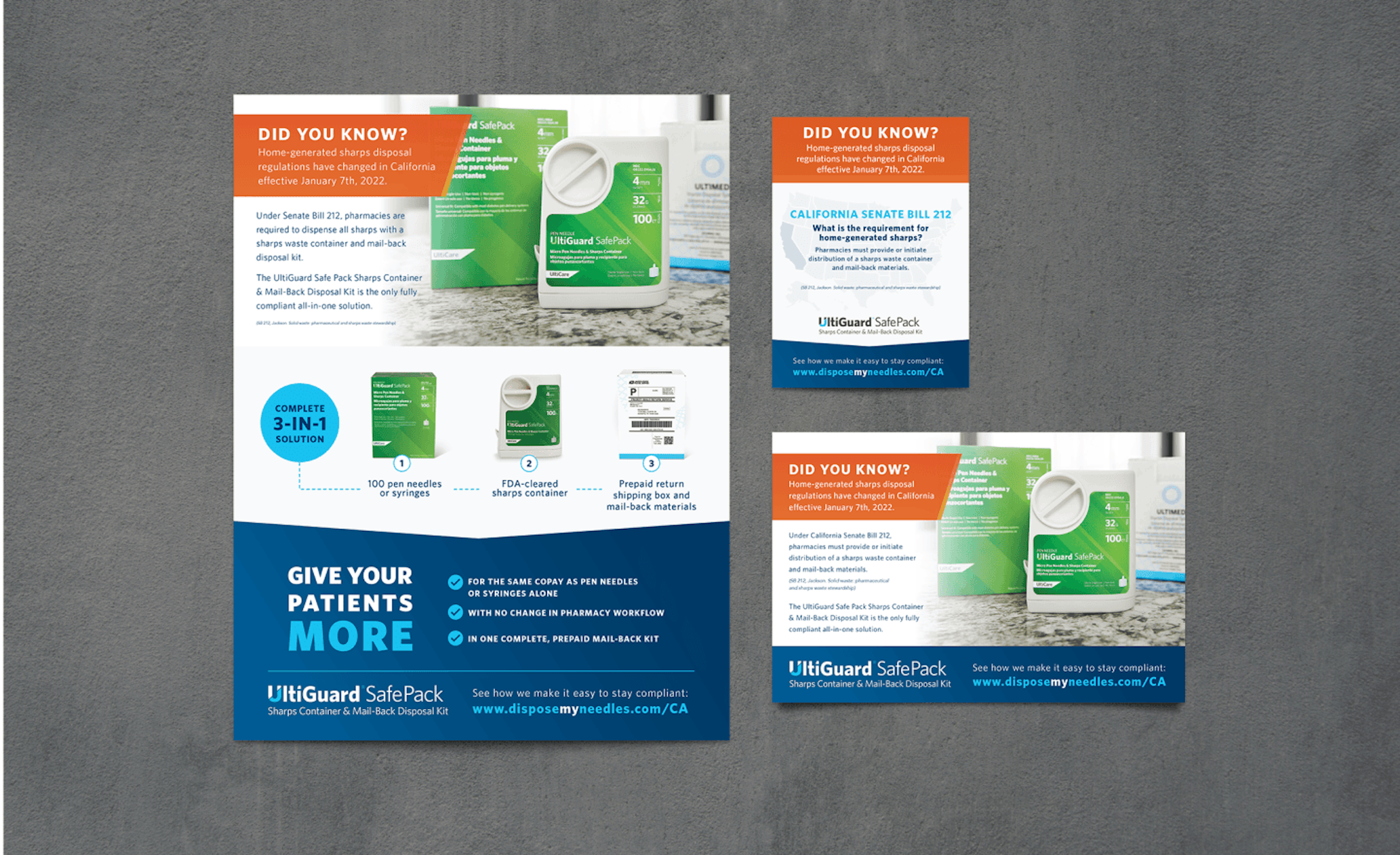 UltiGuard Safe Pack print collateral suite including direct mail flyers, pharmacy counter cards, and informational brochures featuring California Senate Bill 212 compliance messaging.