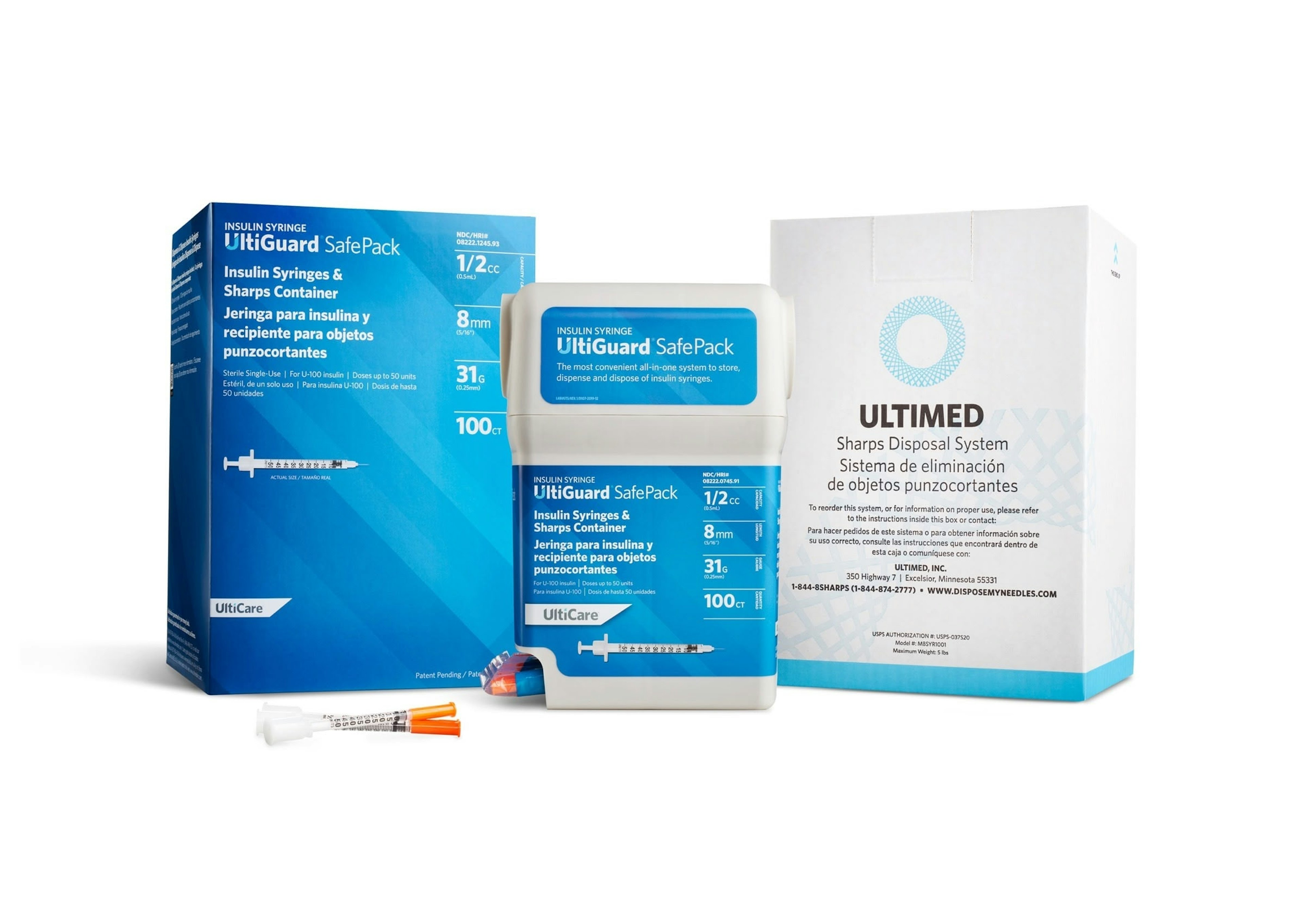 UltiGuard Safe Pack product lineup showing the insulin syringe box, sharps container, and mail-back disposal system with vibrant blue packaging.