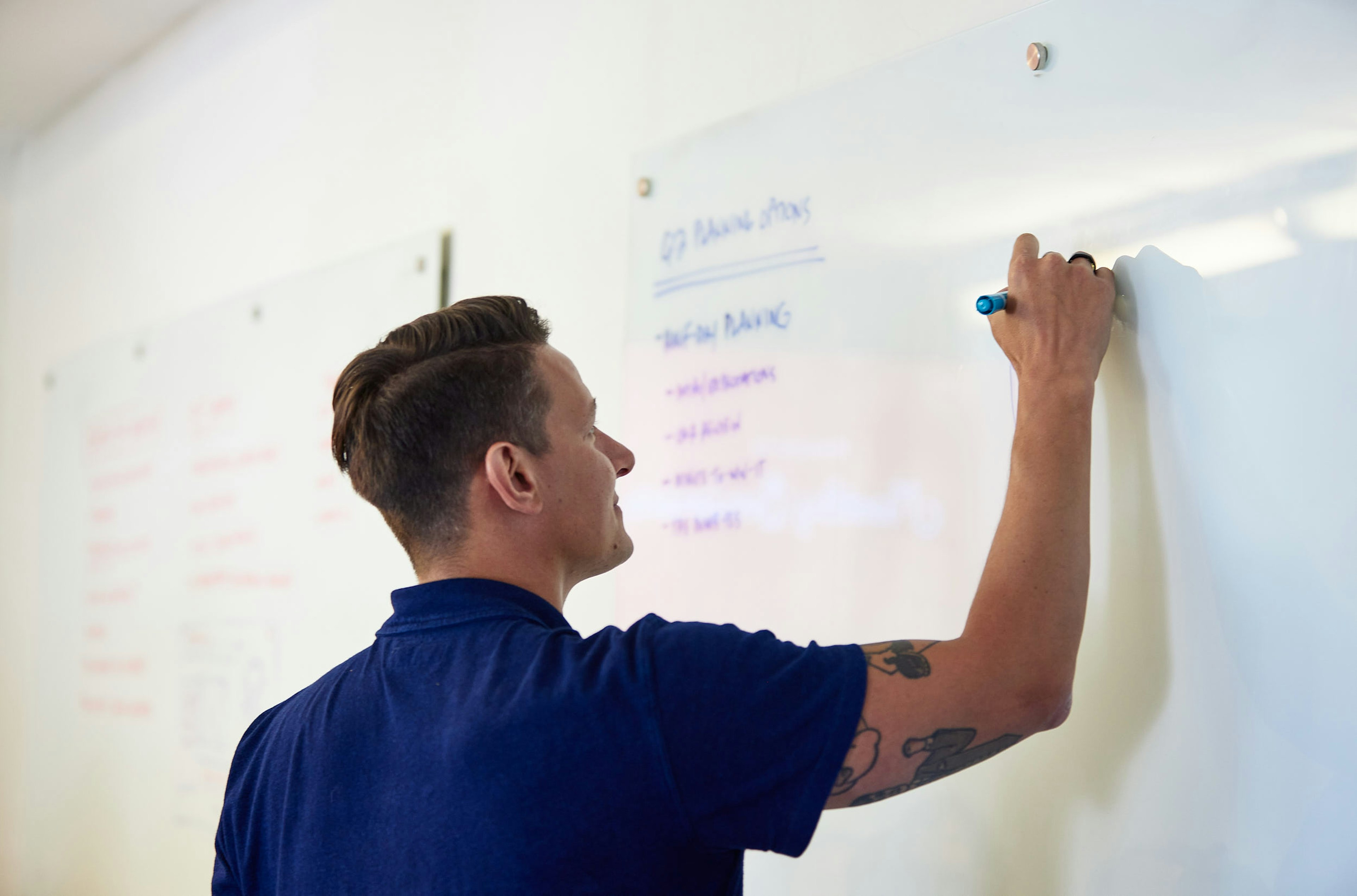 A facilitator writing on a large whiteboard covered in notes and diagrams.